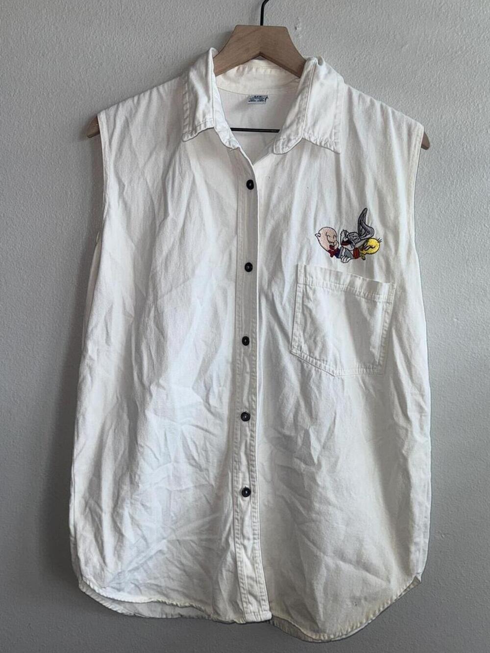 Vintage Looney Tunes That's All Folks Button Down Shirt White One Size Cotton